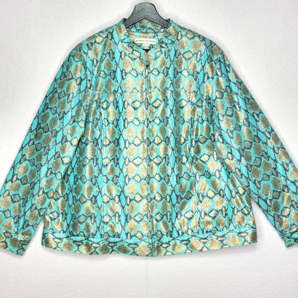 Bamboo Traders Women's Turquoise Gold Snake Print Faux Leather Size 1X‎